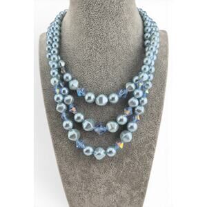 Japan Blue Faux Pearl Aurora Borealis Crystal 3 Strand Necklace VTG